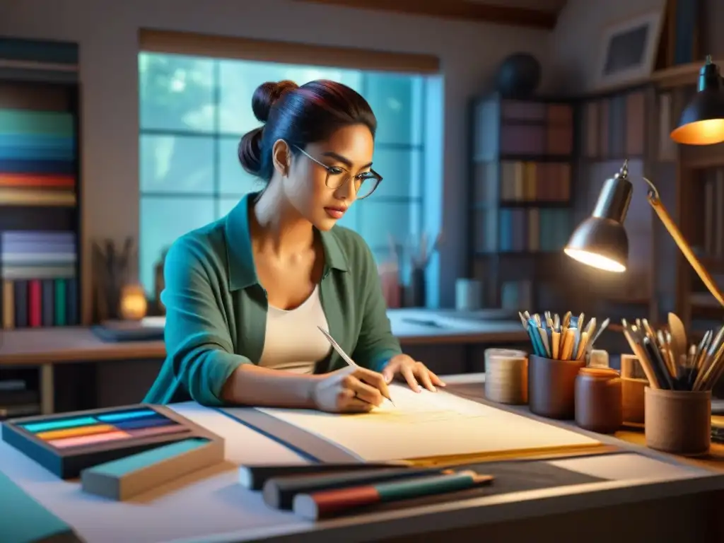 Artista creando personajes y mundos ficticios en un ambiente cálido y detallado