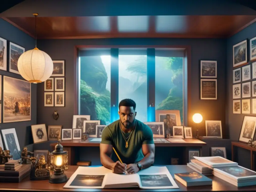 Retrato épico: Artista inmerso en la creación fan art Un artista talentoso crea arte ético de fan en un mundo ficticio, inmerso en un cuarto lleno de inspiración y concentración