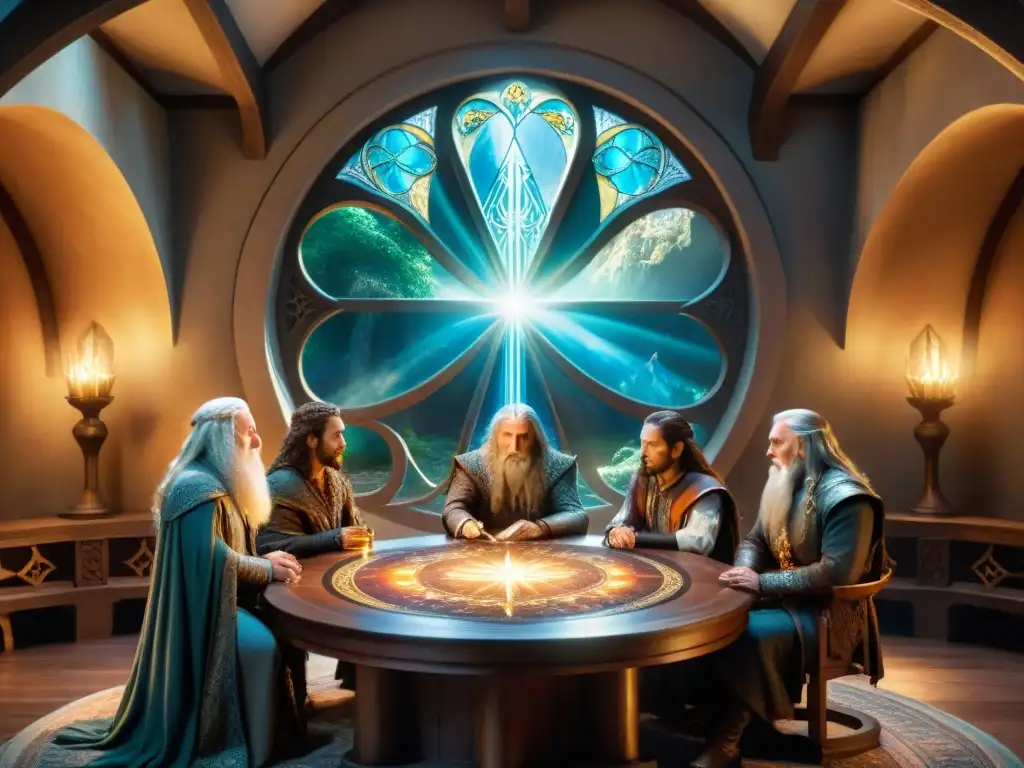 Una asamblea de poder en la Tierra Media: Elrond, Galadriel, Gandalf y más en profunda discusión en torno a una mesa iluminada