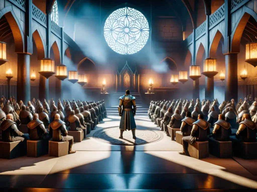 Una asamblea política tensa en la Ciudad Imperial de Tamriel, con personajes poderosos de diversas facciones