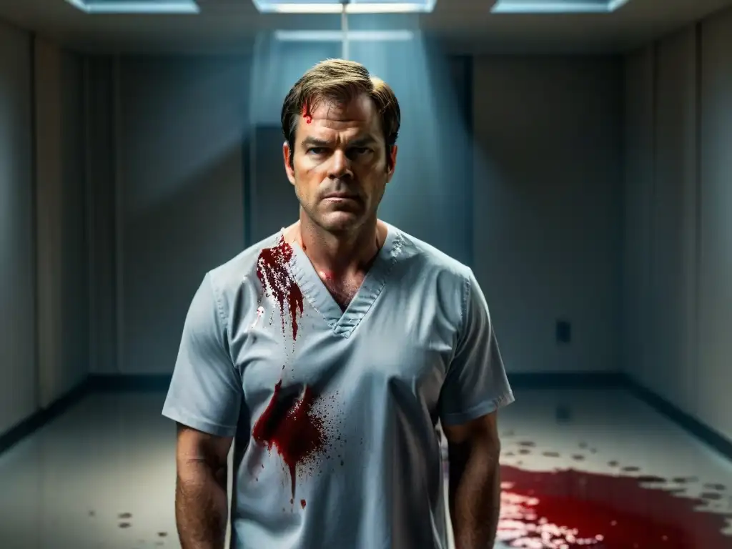 Dexter Morgan en su icónica habitación de asesinatos, envuelto en plástico y salpicaduras de sangre, reflexionando