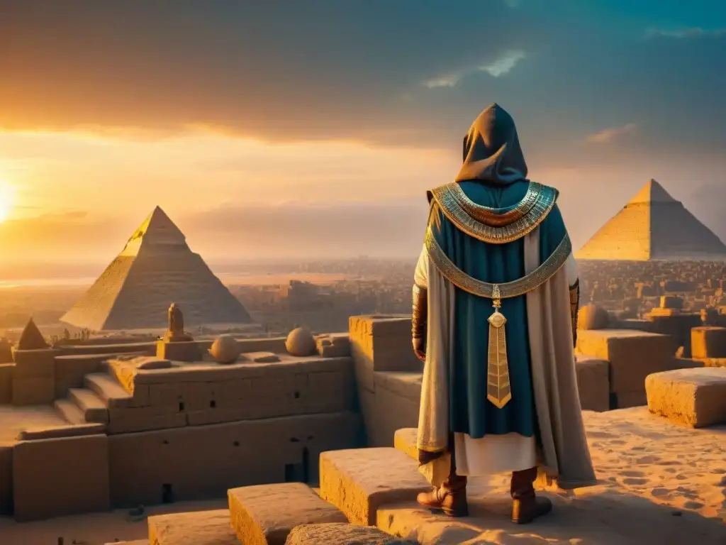 Un asesino con capucha en la cima de una pirámide egipcia al atardecer, revelando los orígenes y relevancia de Assassin's Creed