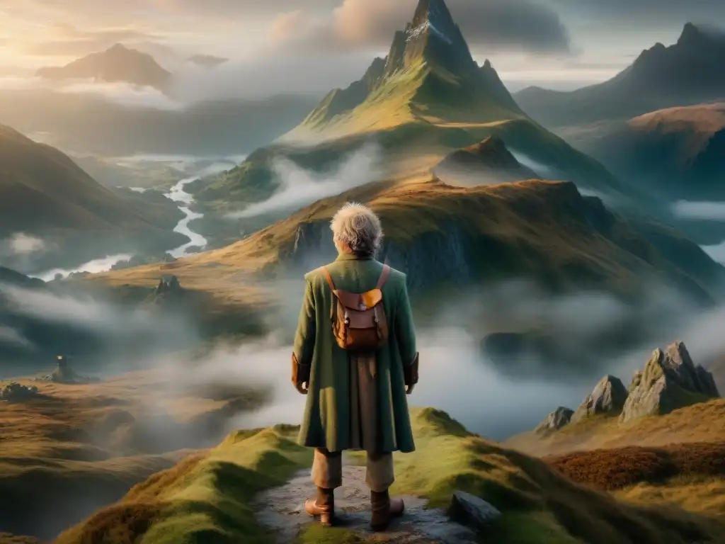 Bilbo Baggins contempla con asombro las Misty Mountains, evocando el simbolismo mitológico en El Hobbit