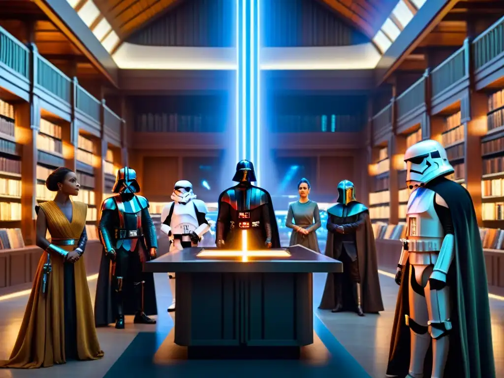 Una asombrosa escena de personajes de Star Wars debatiendo en una biblioteca futurista