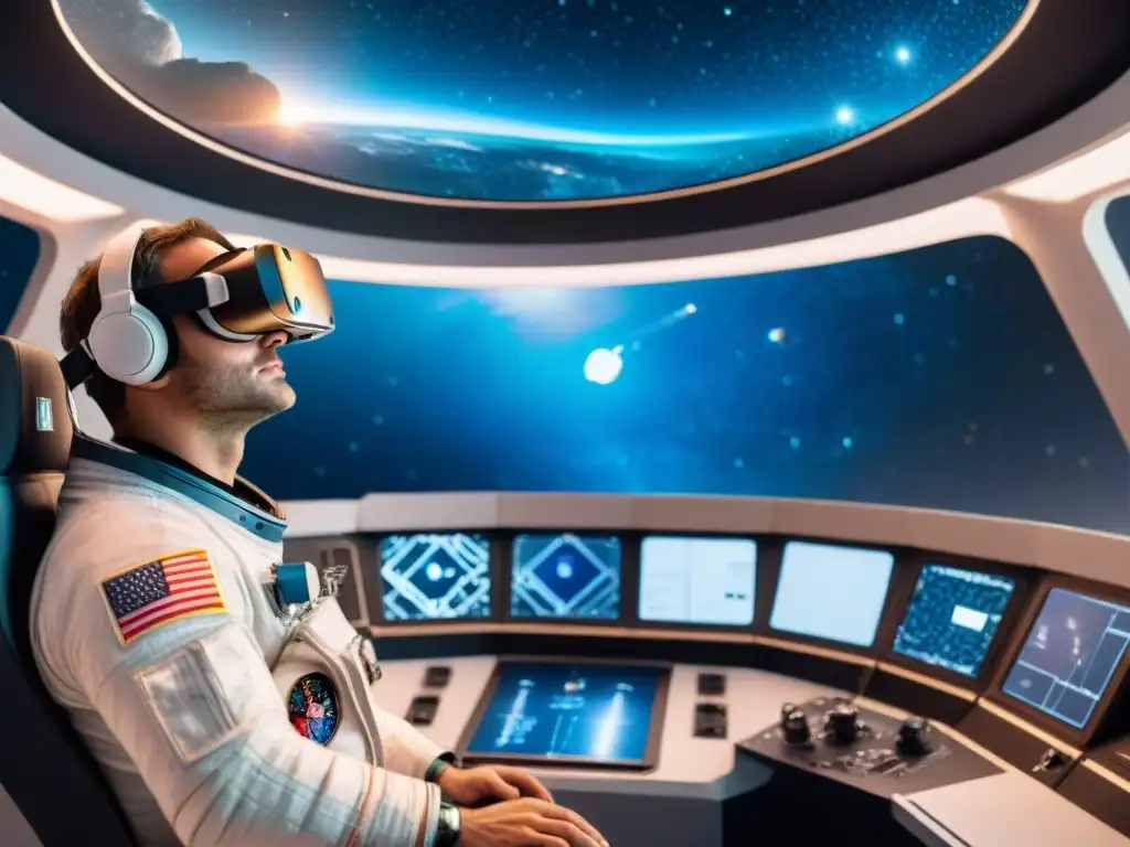 Astronauta concentrado en realidad virtual en misión espacial