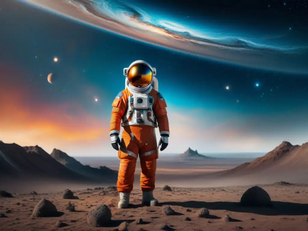 Un astronauta solitario admira un agujero negro en un planeta alienígena