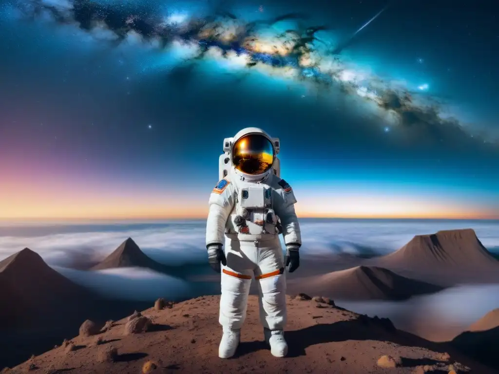 Un astronauta solitario flota en un paisaje cósmico surrealista, rodeado de galaxias y nebulosas, en un traje futurista con símbolos brillantes