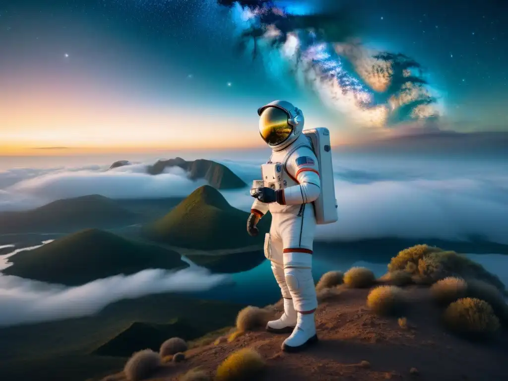 Explorador del cosmos: tecnología y conocimiento en el espacio Un astronauta solitario flota en el vacío del espacio, interactuando con una biblioteca digital en el cosmos