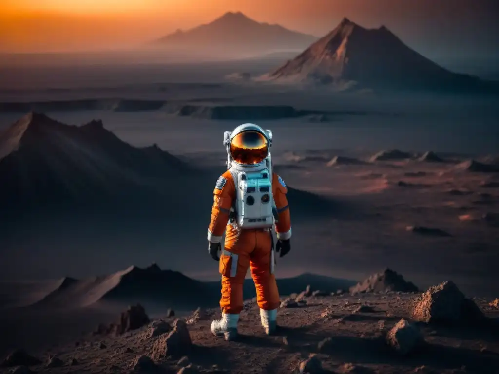 Un astronauta solitario contempla un vasto cráter en un planeta distante al atardecer, reflejando el cielo naranja en su visor