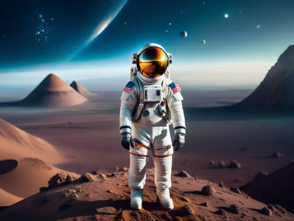 Un astronauta en un traje espacial de alta tecnología explora un planeta distante, con un paisaje alienígena y galaxias en el cielo