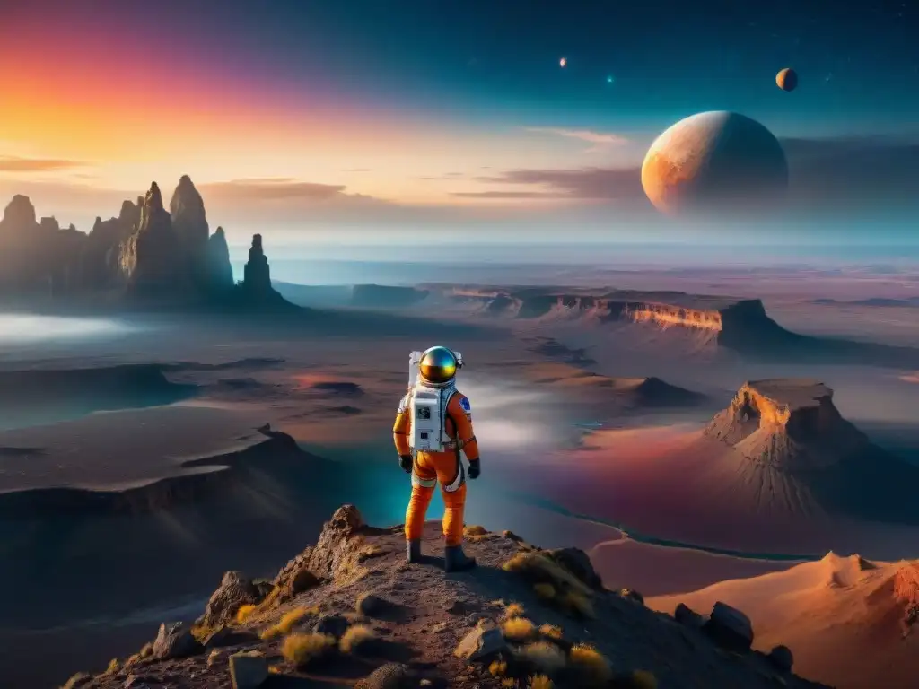 Un astronauta en un traje espacial elegante en el borde de un acantilado, contemplando un paisaje alienígena vasto bajo un cielo de colores vibrantes