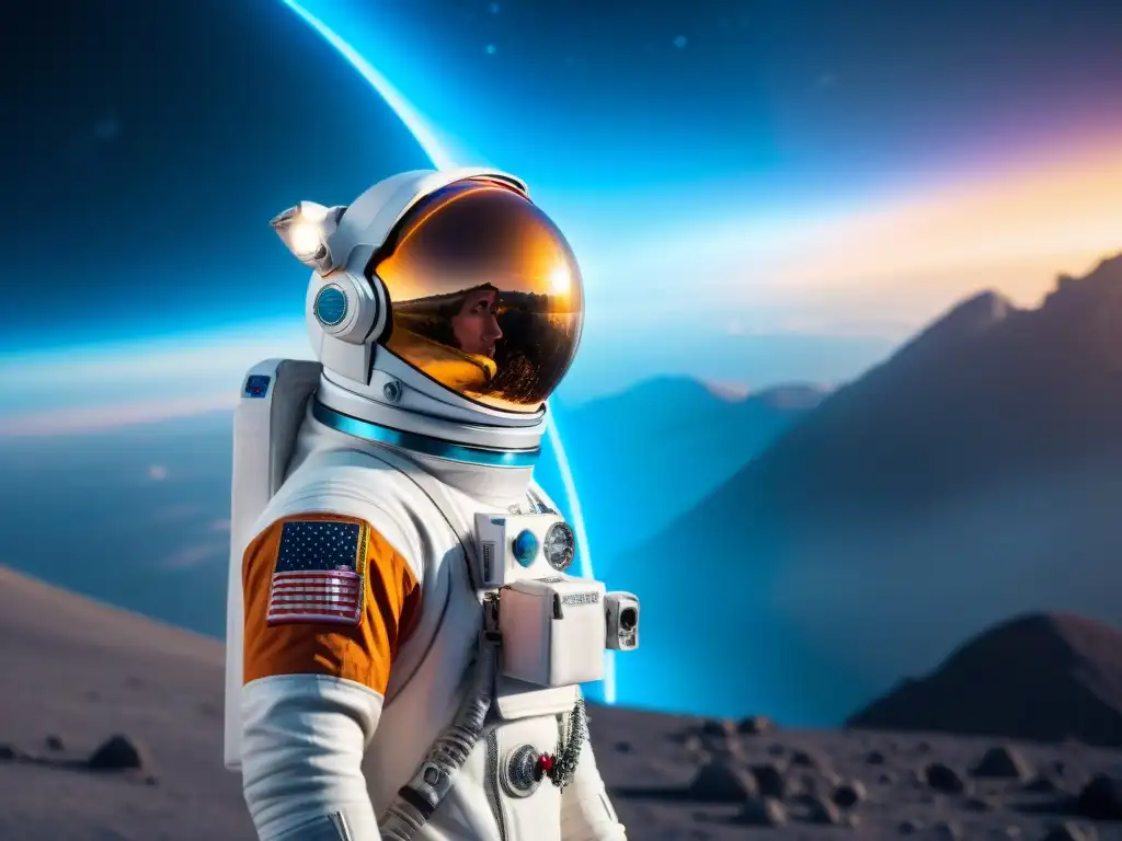 Un astronauta con traje espacial futurista frente a una nave espacial, lista para la exploración