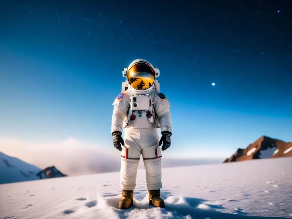 Un astronauta en un traje espacial futurista en un paisaje helado de otro planeta, reflejando la inmortalidad en criogenia espacial