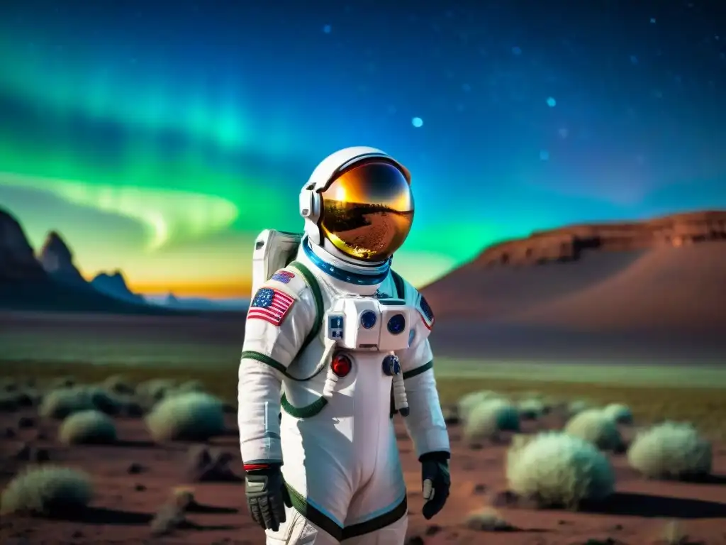 Un astronauta en un traje espacial futurista en un planeta distante, rodeado de auroras azules y verdes, con una nave espacial en el fondo