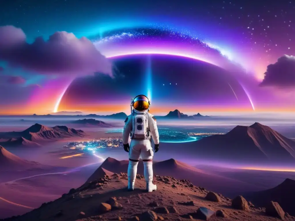 Un astronauta en un traje espacial futurista contempla una ciudad holográfica sobre un paisaje alienígena