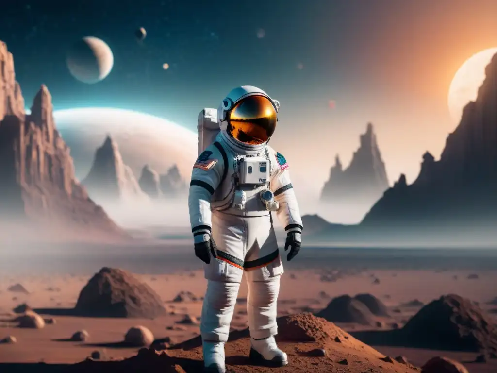 Un astronauta en un traje espacial futurista en un planeta alienígena, rodeado de estructuras cristalinas, con naves y lunas