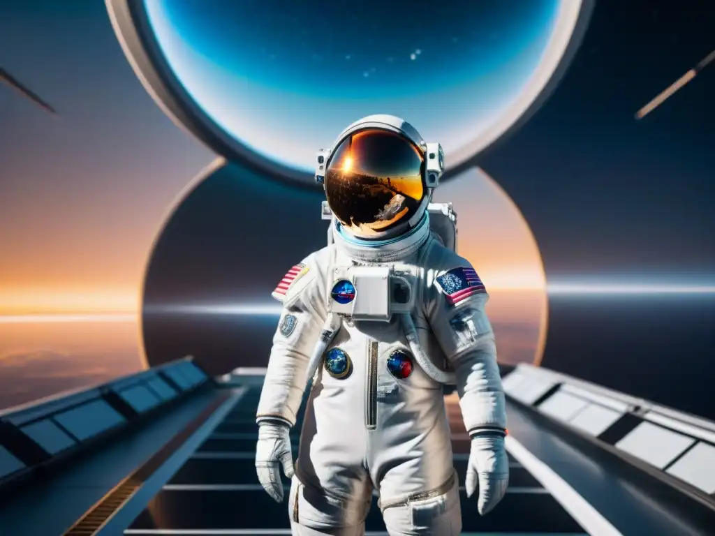 Un astronauta en traje plateado frente a una estación espacial futurista