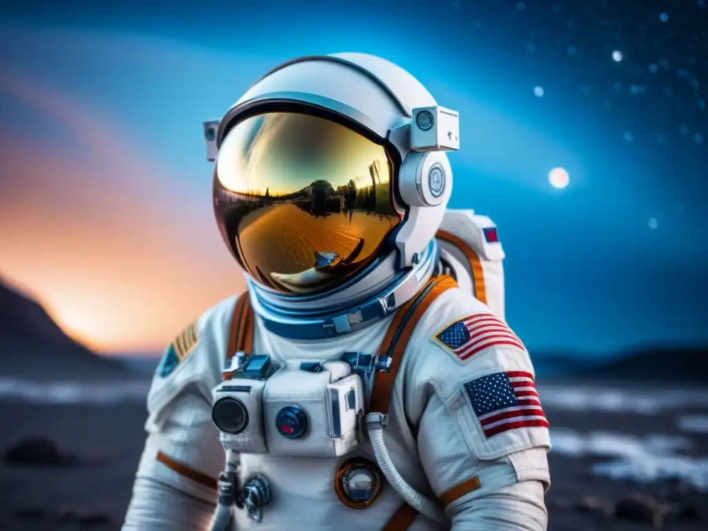 Un astronauta flota en un vasto espacio helado, rodeado de estrellas brillantes, con su traje espacial reflejando la luz etérea de galaxias distantes