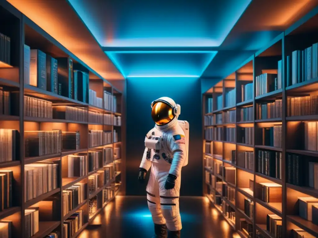 Astronauta rodeado de libros digitales en el espacio Un astronauta flota en un vasto espacio oscuro, rodeado de libros digitales holográficos en una biblioteca en el espacio