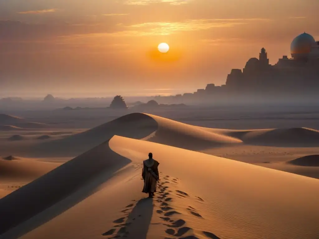 Atardecer binario en Tatooine, con soledad y misterio en vasto desierto