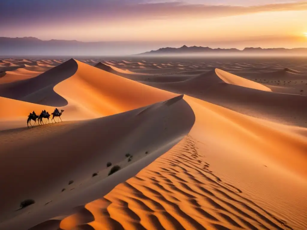 Un atardecer cinematográfico sobre las doradas arenas del Desierto del Sahara, mostrando sombras alargadas de palmeras y una caravana de camellos