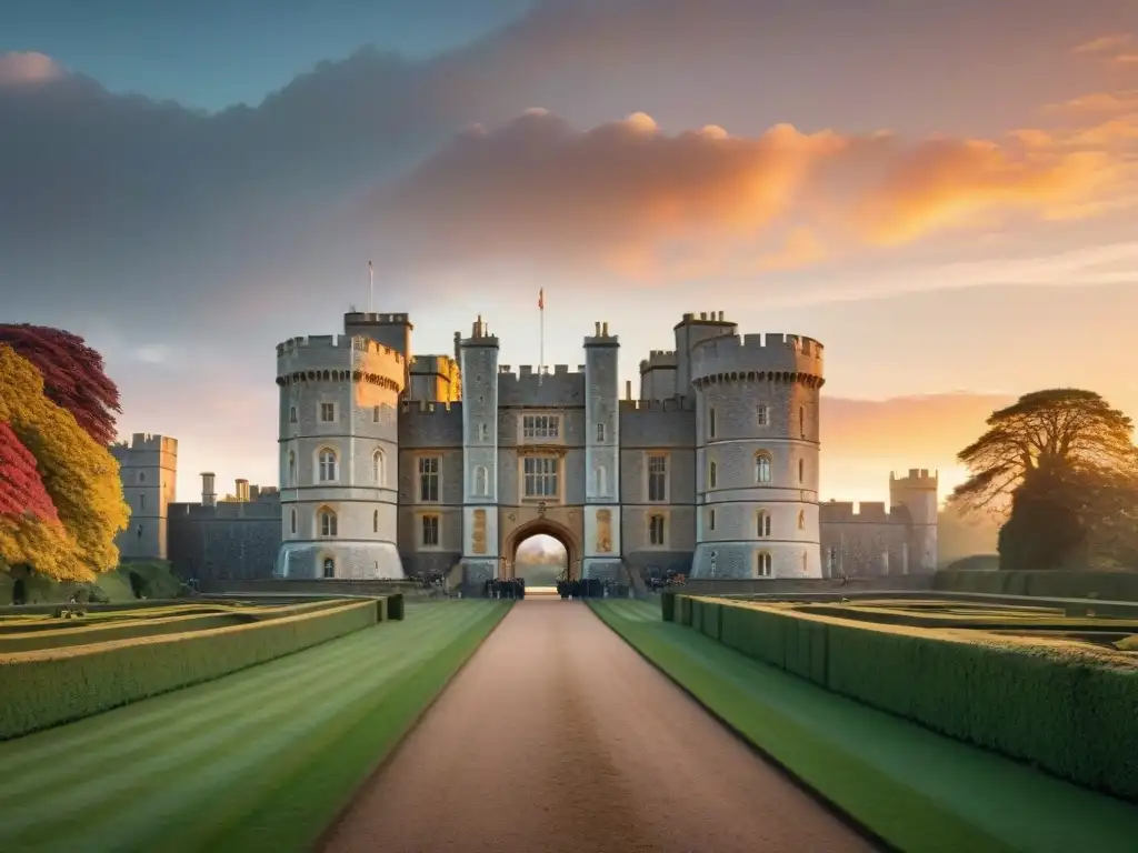 Un atardecer dorado en el majestuoso Castillo de Windsor, rodeado de jardines verdes y cielos rosados