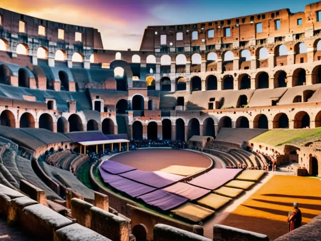 Atardecer épico en el Coliseo de Roma, con sombras de gladiadores antiguos y espectadores, reflejando la grandeza del Imperio Romano en la cultura