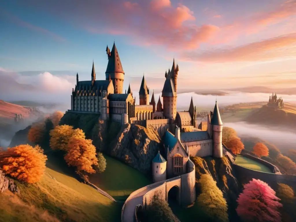 Hogwarts al atardecer con estudiantes y castillo iluminado