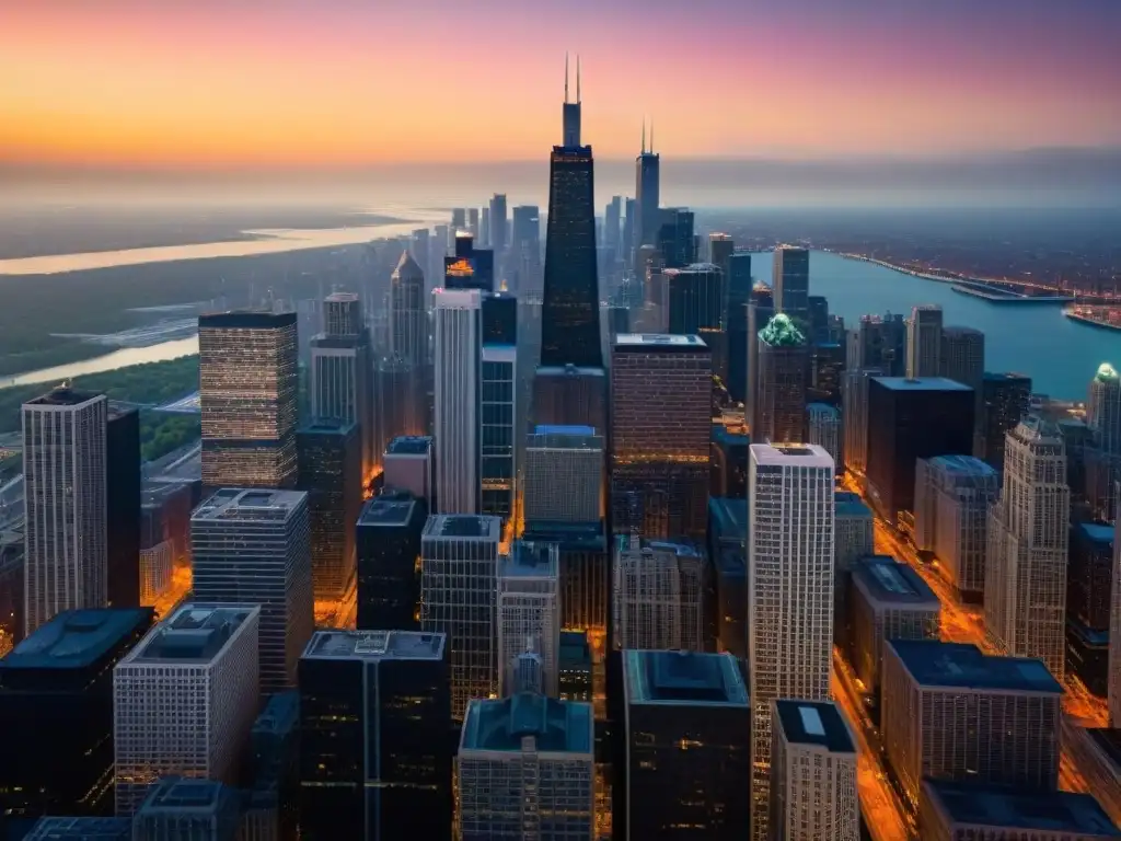 Un atardecer en Chicago inspirado en la arquitectura de Gotham de Batman Begins