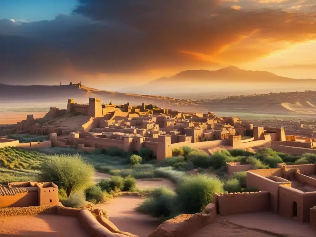 Un atardecer mágico sobre la antigua ciudad de Aït Benhaddou, con sus edificaciones de arcilla y calles sinuosas, y las montañas del Atlas de fondo