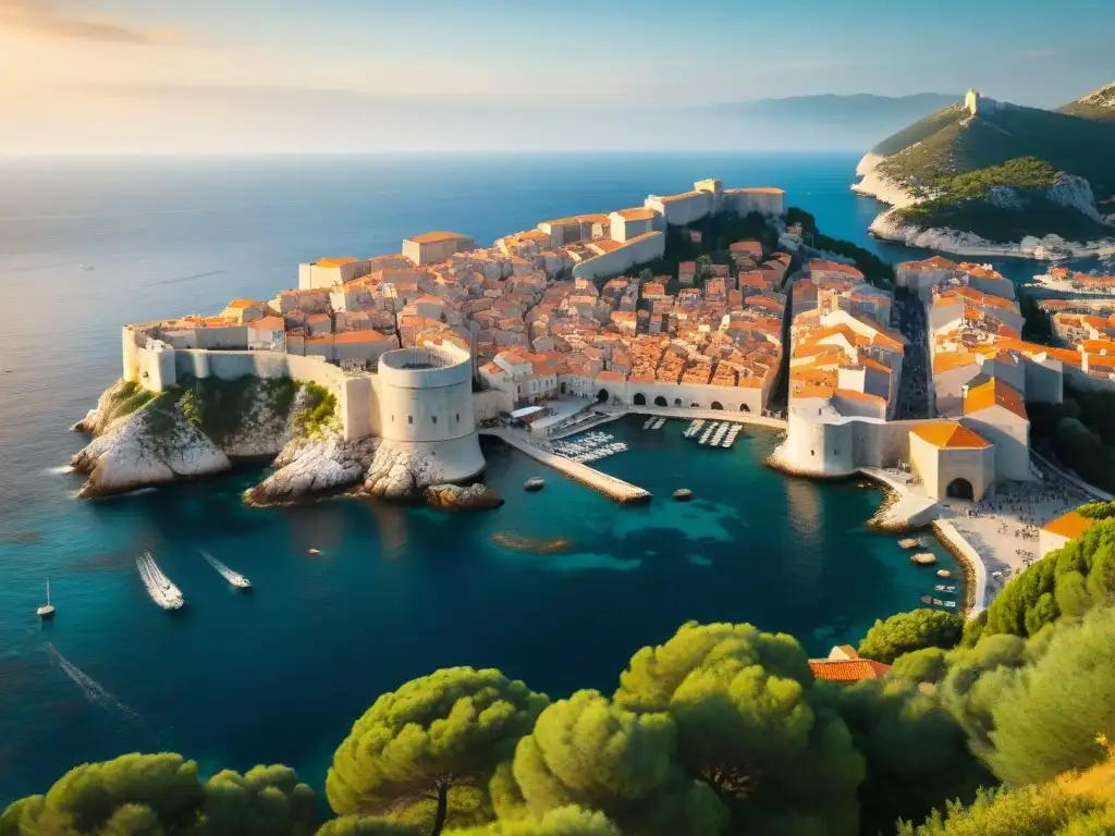 Un atardecer mágico en Dubrovnik con las antiguas murallas de la ciudad y el mar Adriático de fondo, evocando Dubrovnik mitologías reinos ficticios