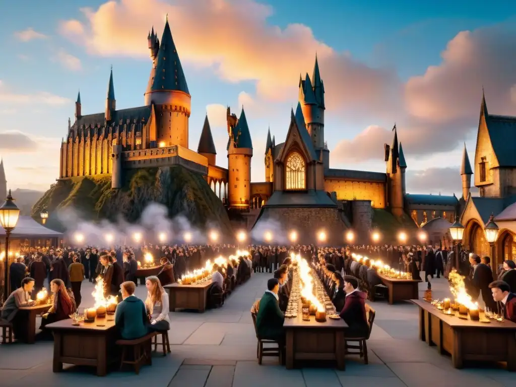 Un atardecer mágico en el bullicioso patio de Hogwarts, donde la tecnología se fusiona con la tradición de Harry Potter