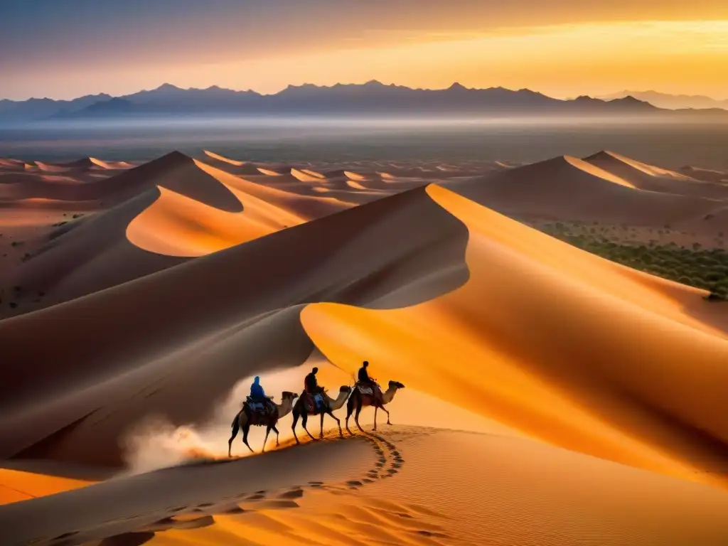 Atardecer mágico en el desierto del Sahara con caravana de camellos y guía bereber