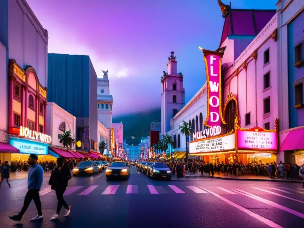 Un atardecer mágico en Hollywood Boulevard, con luces de neón brillando y multitudes paseando