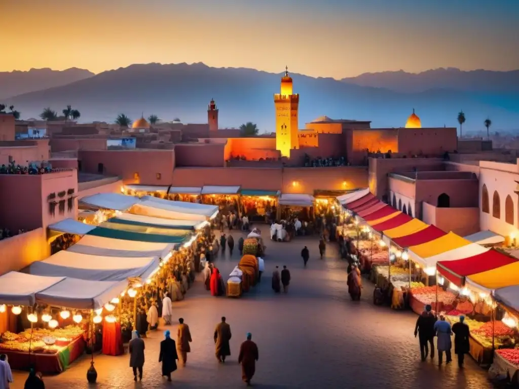 Un atardecer mágico en Marrakech, con mercados vibrantes y la luz dorada sobre las Montañas del Atlas