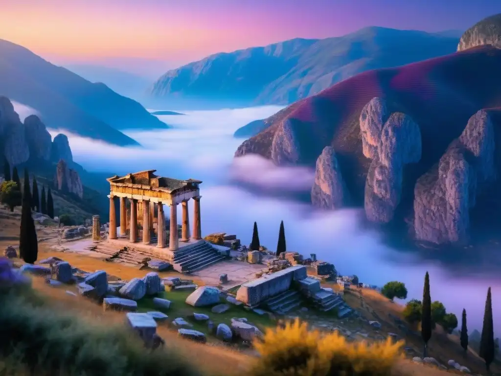 Un atardecer mágico sobre las ruinas del Templo de Apolo en Delfos, Grecia, evocando la magia en leyendas griegas