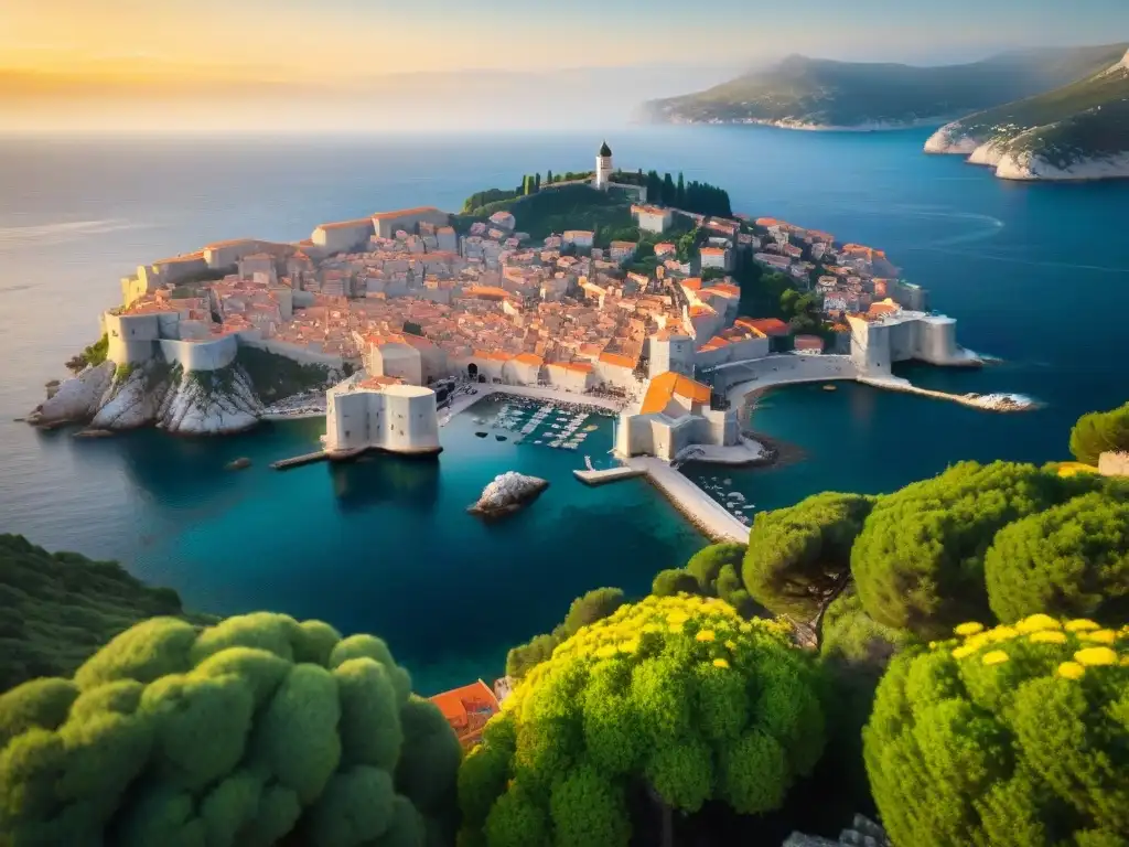 Un atardecer mágico en Dubrovnik, con techos rojos bajo la cálida luz dorada y el mar Adriático brillando al fondo