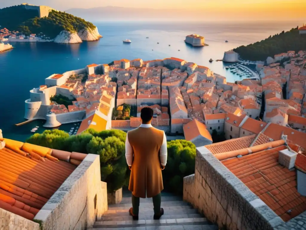 Un atardecer majestuoso sobre la antigua ciudad de Dubrovnik, con sus icónicos techos de tejas naranjas brillando en la luz tenue