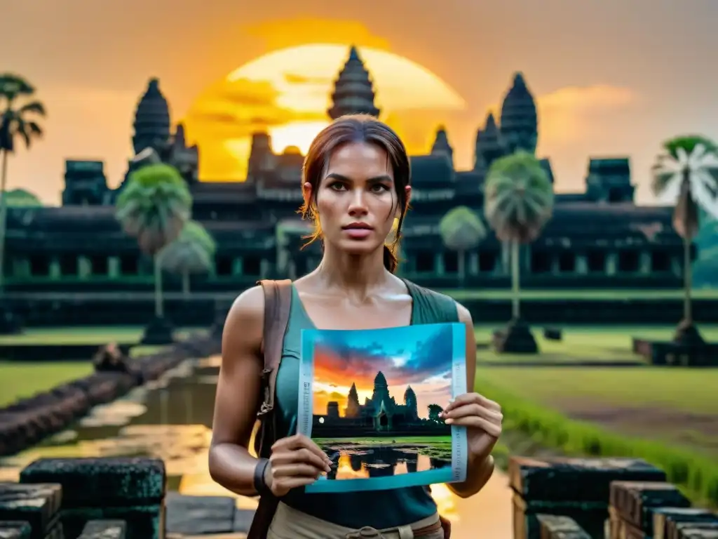 Lara Croft en Angkor Wat al atardecer, con un mapa, expresión decidida y el templo antiguo de fondo