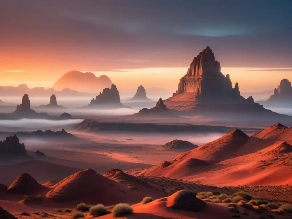 Atardecer en paisaje marciano con colonización espacial en la ficción