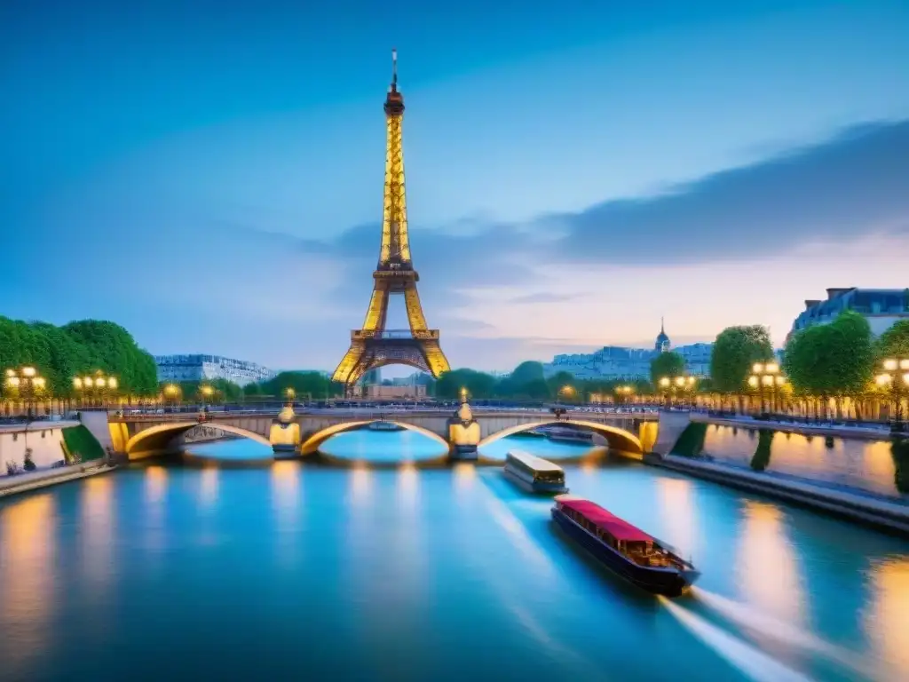 La icónica París al atardecer con la Torre Eiffel iluminada, reflejando un aura dorada sobre el río Sena