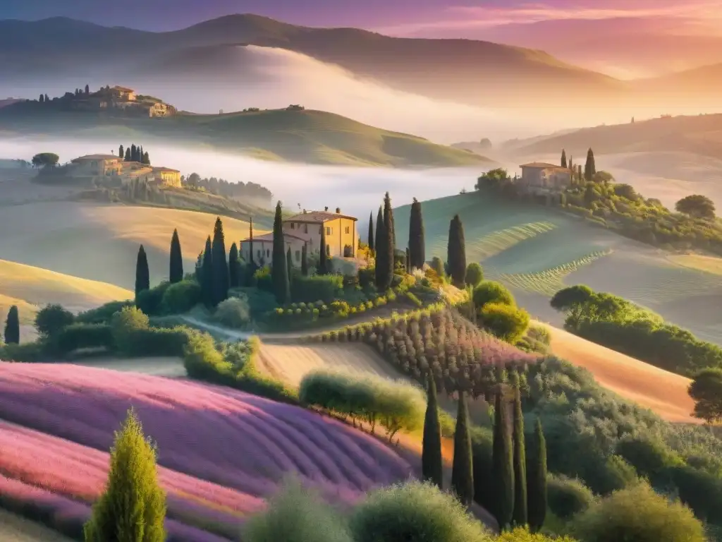 Un atardecer toscano vibrante ilumina colinas y cipreses hacia una villa rústica, inspiración Toscana en Under Tuscan Sun