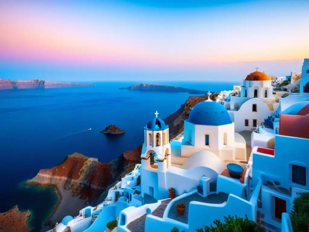 Atardecer vibrante con iglesias azules de Oia, Santorini, evocando la mitología griega en Mamma Mia