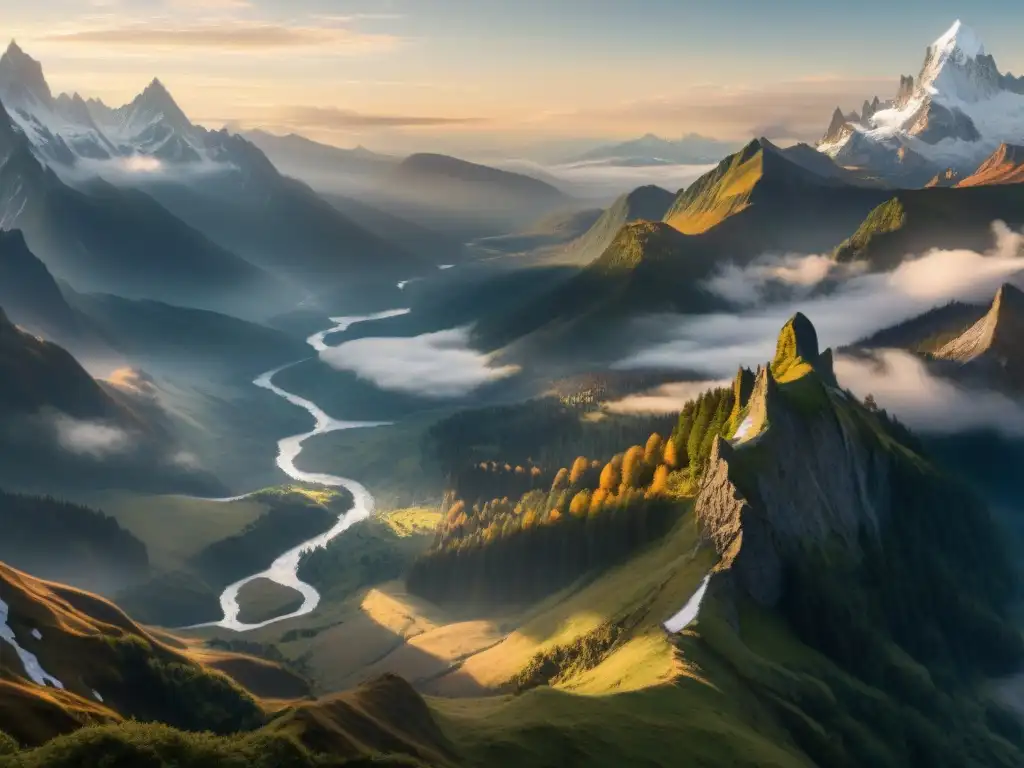 Atardecer vibrante entre las Montañas Brumosas de la Tierra Media, reflejando su belleza natural en paisajes épicos