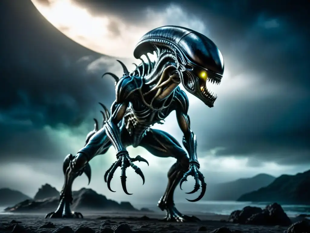 Un aterrador Xenomorfo del universo 'Alien', con detalles biomecánicos en un oscuro escenario, evocando terror y misterio