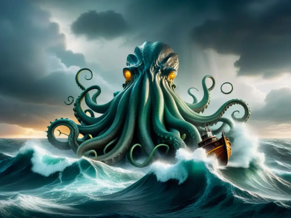 Aterradora escena marina con el legendario kraken y una tripulación aterrorizada, destacando criaturas marinas en narrativa moderna