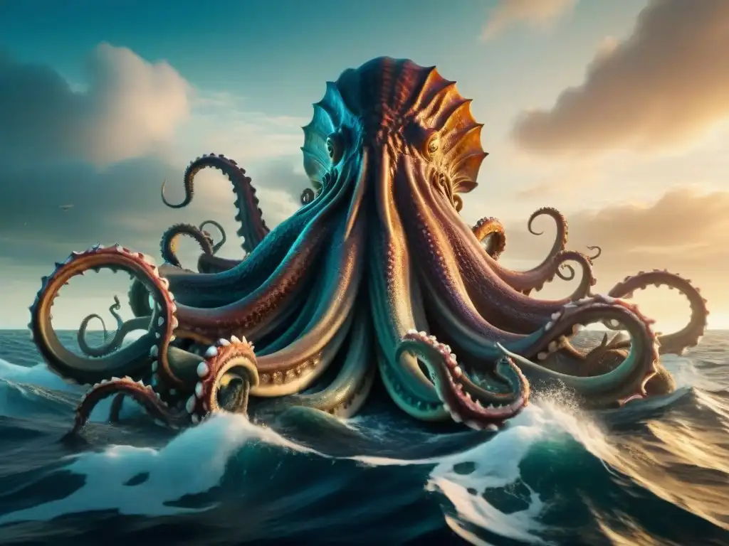 Aterradora imagen de un kraken emergiendo del océano, sus tentáculos rodean un barco