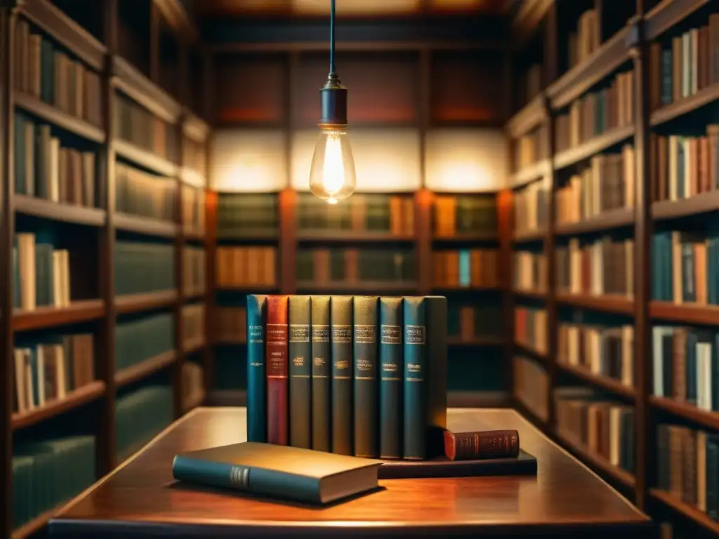 Atmósfera exclusiva de una biblioteca con libros de cuero y una rara edición limitada en pedestal