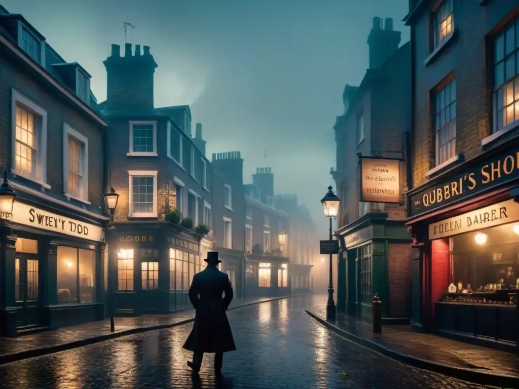 Oscura atmósfera de Londres victoriano: Sweeney Todd Atmósfera misteriosa de las calles de Londres victoriano, con la barbería de Sweeney Todd