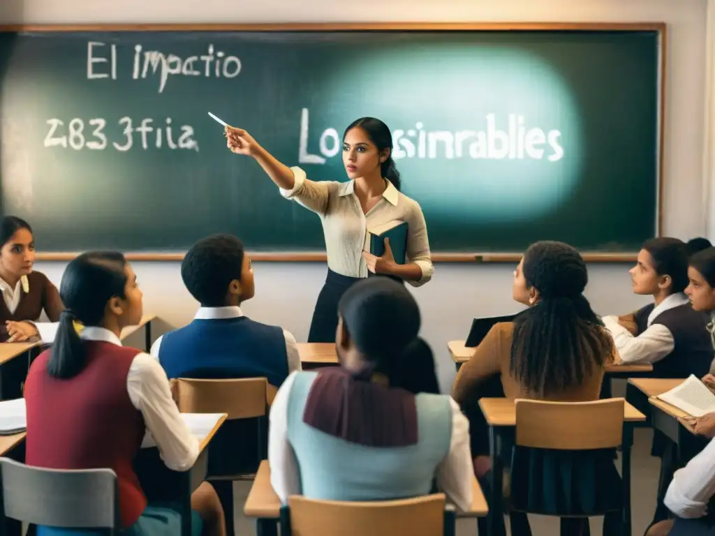 Un aula iluminada débilmente llena de estudiantes de diferentes edades y orígenes leyendo 'Los Miserables'